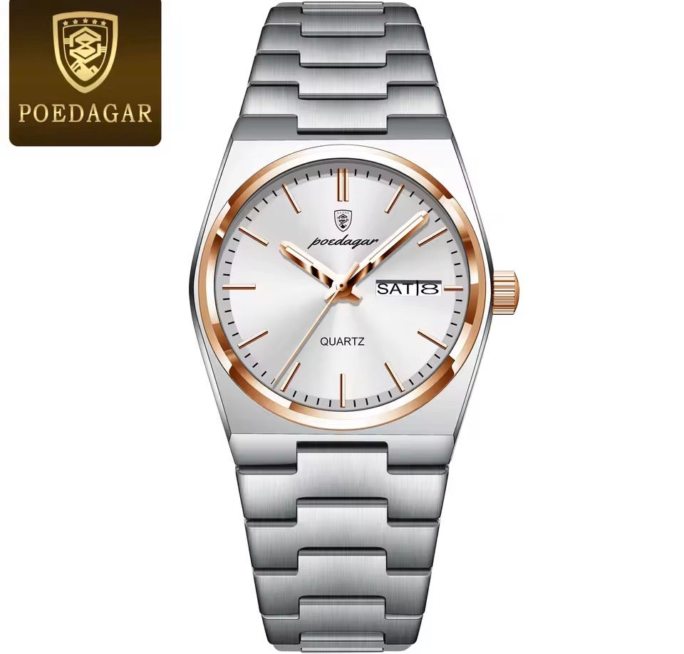 POEDAGAR Elegante Uhren Für Frauen Wasserdicht Leucht Datum Woche Damen Uhr Quarz Edelstahl Frau Mode Armbanduhr