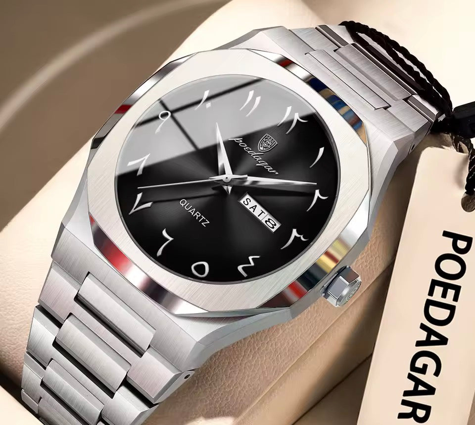 POEDAGAR Mode Hohe Qualität Männer Uhr Datum Woche Wasserdichte Uhr Für Mann Quarz Edelstahl Luxus herren Uhren Reloj + box