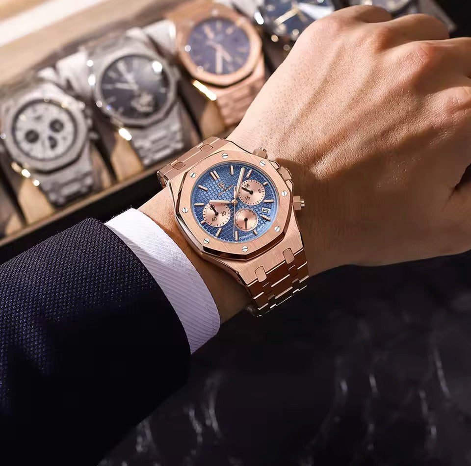POEDAGAR Original Luxus Herrenuhren Datum Chronograph Edelstahl Quarzuhr Wasserdicht Leucht Mode Mann Armbanduhr