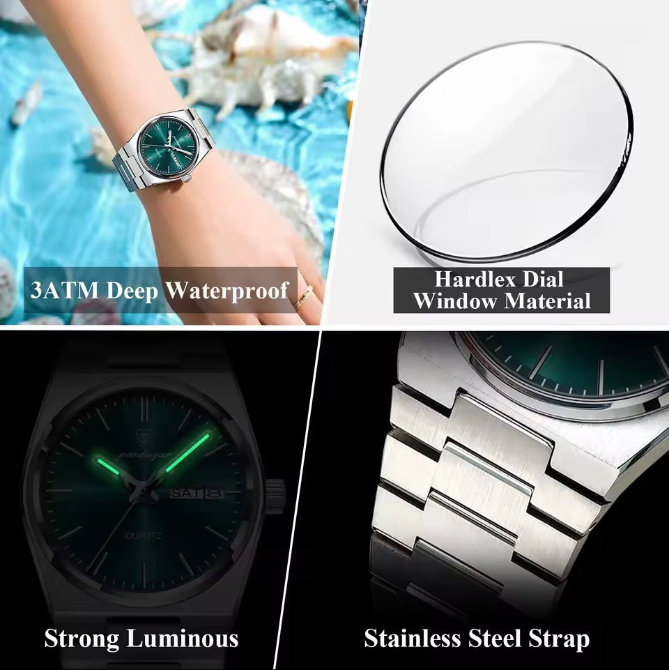 POEDAGAR Elegante Uhren Für Frauen Wasserdicht Leucht Datum Woche Damen Uhr Quarz Edelstahl Frau Mode Armbanduhr