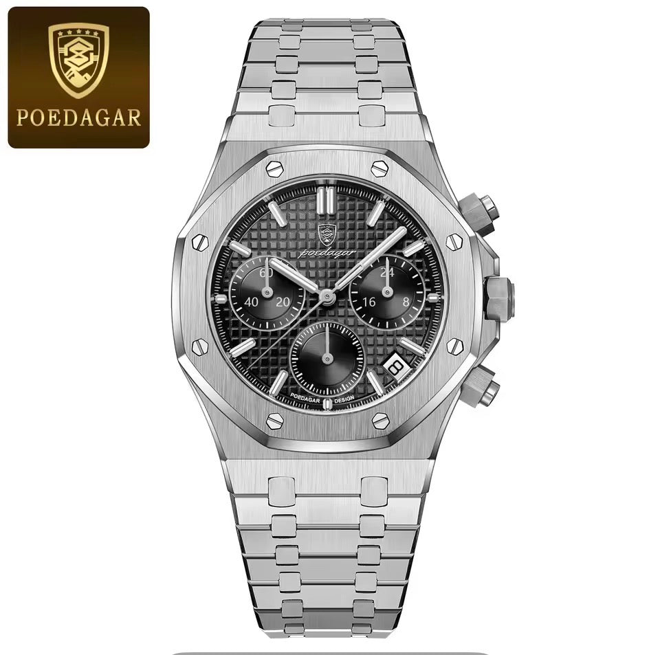 POEDAGAR Original Luxus Herrenuhren Datum Chronograph Edelstahl Quarzuhr Wasserdicht Leucht Mode Mann Armbanduhr
