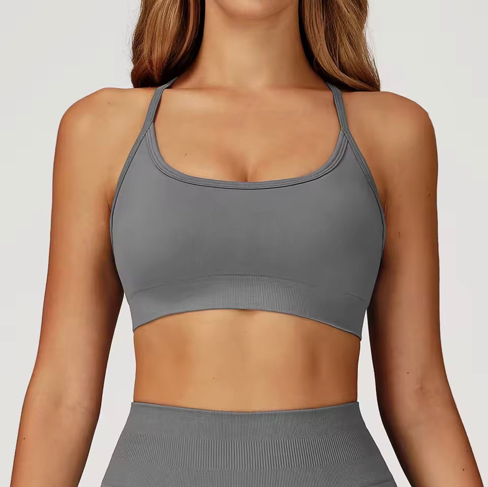 Nahtloser Sport-BH, Anti-Schweiß-Fitness-Top für Damen, Yoga, stoßfest, bauchfreies Top, Push-Up-Sport-BH, gerippt, für Fitnessstudio, Workout,