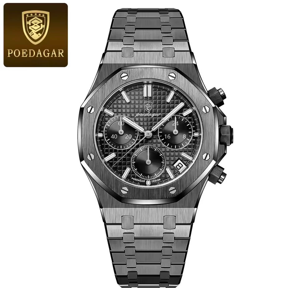 POEDAGAR Original Luxus Herrenuhren Datum Chronograph Edelstahl Quarzuhr Wasserdicht Leucht Mode Mann Armbanduhr
