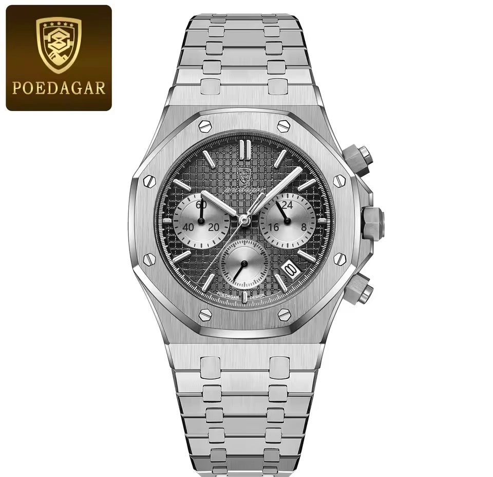 POEDAGAR Original Luxus Herrenuhren Datum Chronograph Edelstahl Quarzuhr Wasserdicht Leucht Mode Mann Armbanduhr