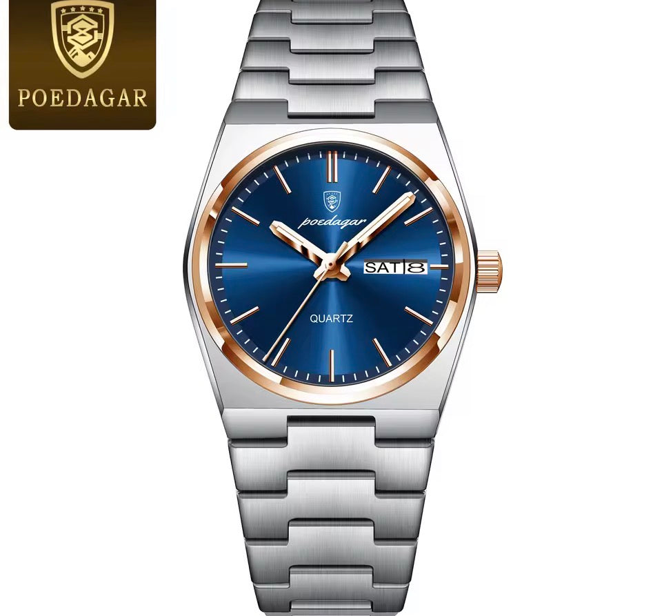 POEDAGAR Elegante Uhren Für Frauen Wasserdicht Leucht Datum Woche Damen Uhr Quarz Edelstahl Frau Mode Armbanduhr