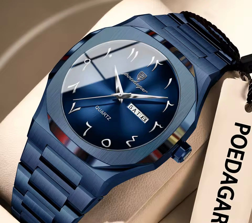 POEDAGAR Mode Hohe Qualität Männer Uhr Datum Woche Wasserdichte Uhr Für Mann Quarz Edelstahl Luxus herren Uhren Reloj + box