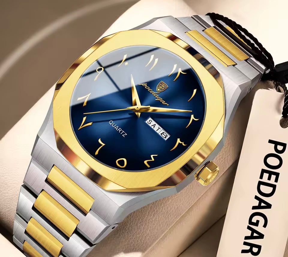 POEDAGAR Mode Hohe Qualität Männer Uhr Datum Woche Wasserdichte Uhr Für Mann Quarz Edelstahl Luxus herren Uhren Reloj + box