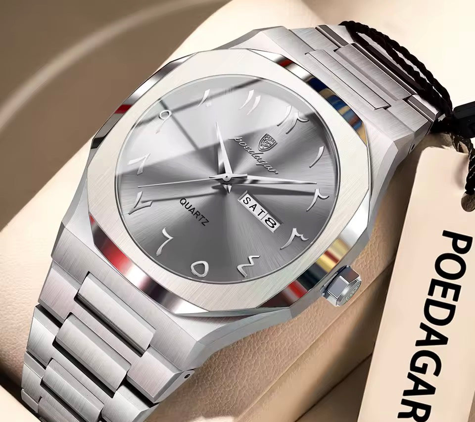 POEDAGAR Mode Hohe Qualität Männer Uhr Datum Woche Wasserdichte Uhr Für Mann Quarz Edelstahl Luxus herren Uhren Reloj + box