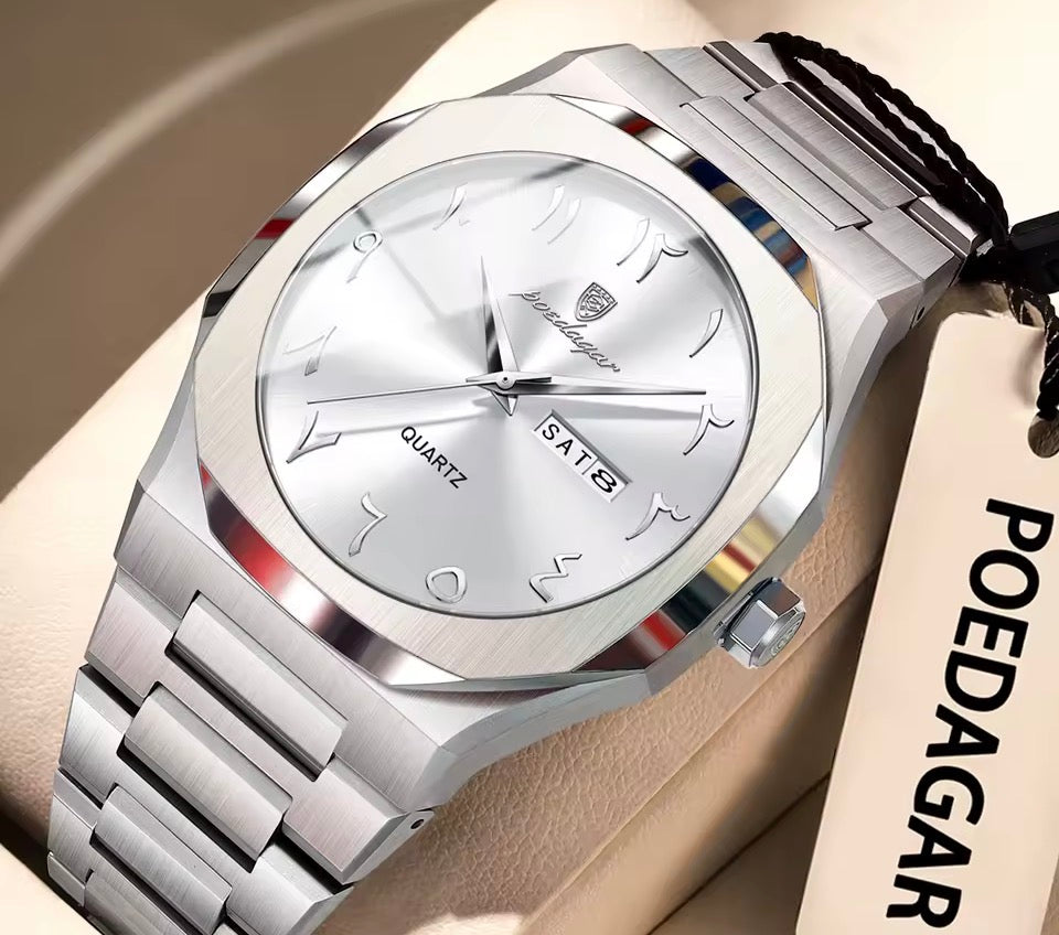 POEDAGAR Mode Hohe Qualität Männer Uhr Datum Woche Wasserdichte Uhr Für Mann Quarz Edelstahl Luxus herren Uhren Reloj + box