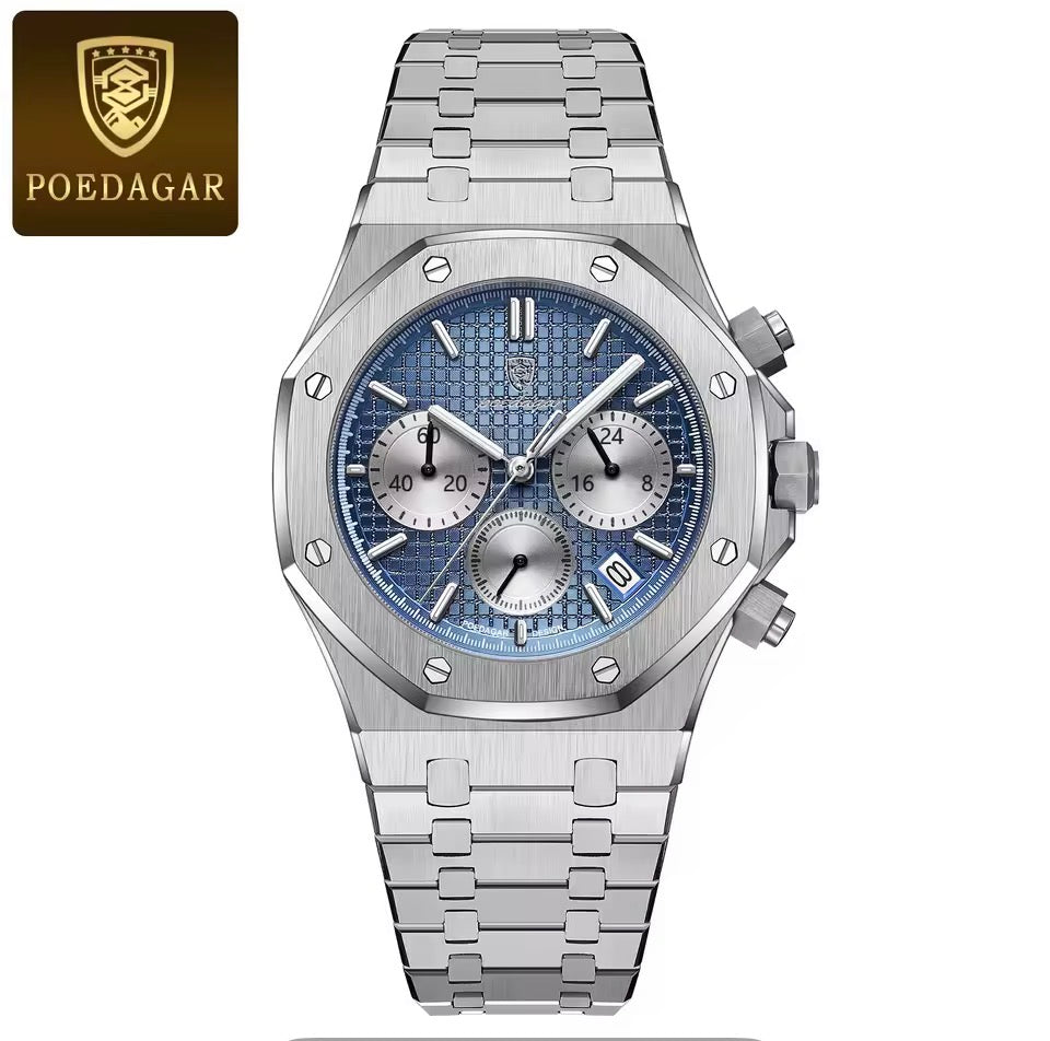 POEDAGAR Original Luxus Herrenuhren Datum Chronograph Edelstahl Quarzuhr Wasserdicht Leucht Mode Mann Armbanduhr