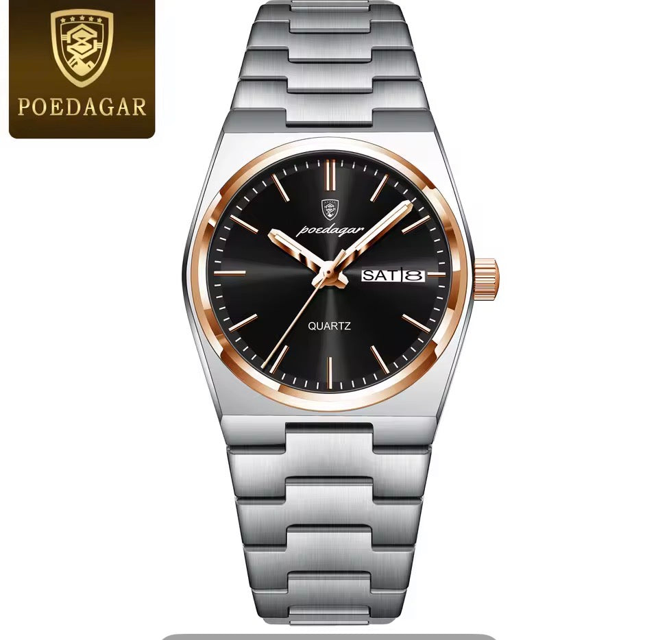 POEDAGAR Elegante Uhren Für Frauen Wasserdicht Leucht Datum Woche Damen Uhr Quarz Edelstahl Frau Mode Armbanduhr