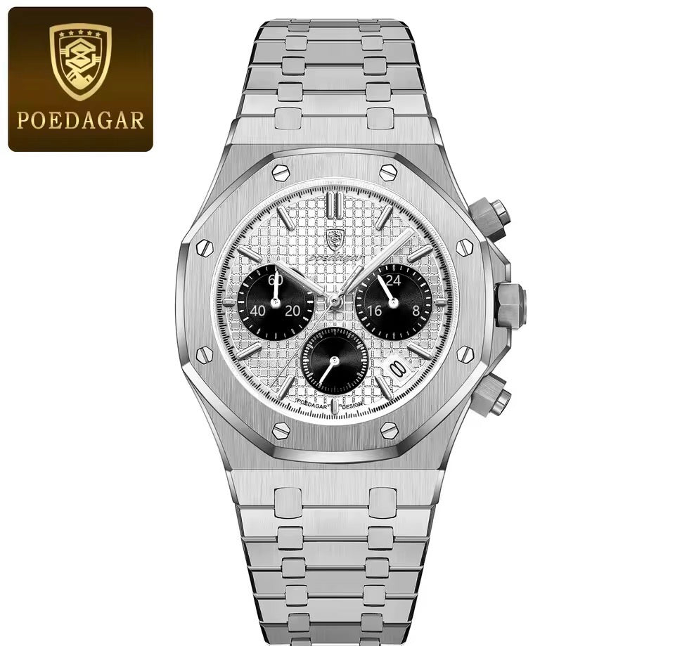 POEDAGAR Original Luxus Herrenuhren Datum Chronograph Edelstahl Quarzuhr Wasserdicht Leucht Mode Mann Armbanduhr