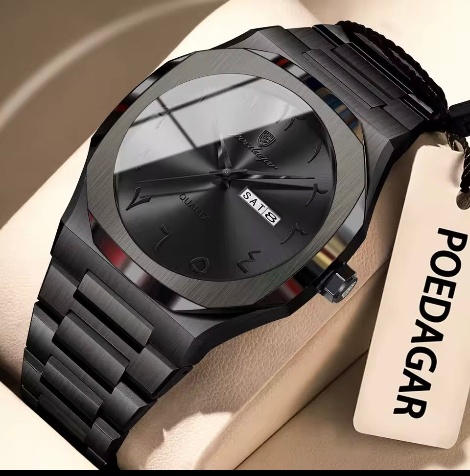 POEDAGAR Mode Hohe Qualität Männer Uhr Datum Woche Wasserdichte Uhr Für Mann Quarz Edelstahl Luxus herren Uhren Reloj + box