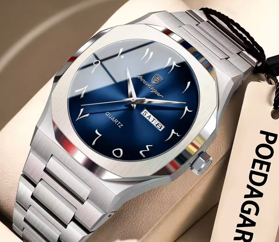 POEDAGAR Mode Hohe Qualität Männer Uhr Datum Woche Wasserdichte Uhr Für Mann Quarz Edelstahl Luxus herren Uhren Reloj + box